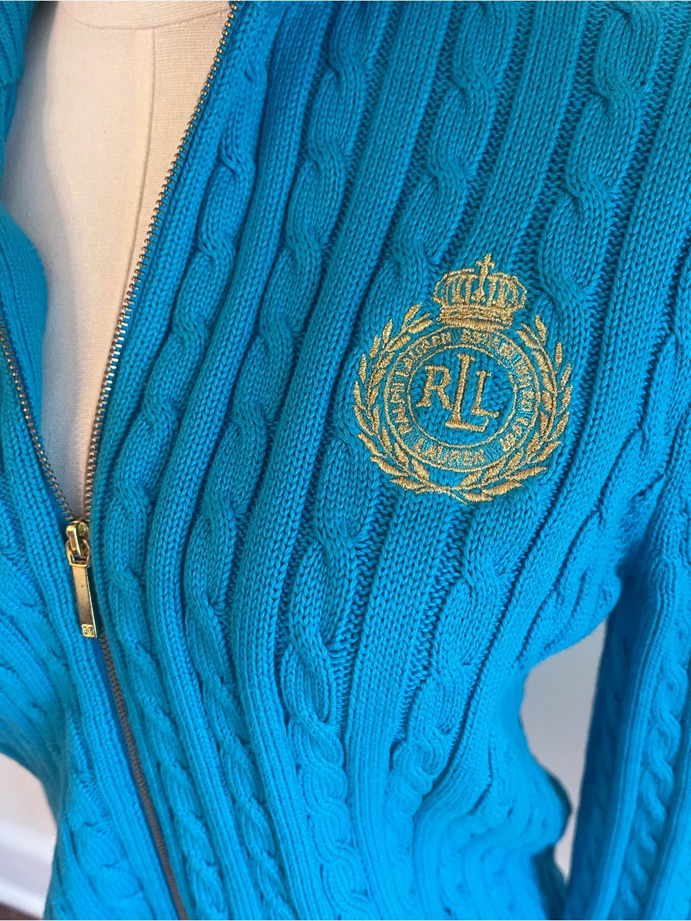 Ralph Lauren Turquoise Cable-Knit Sweater with Gold Crest Embroidery